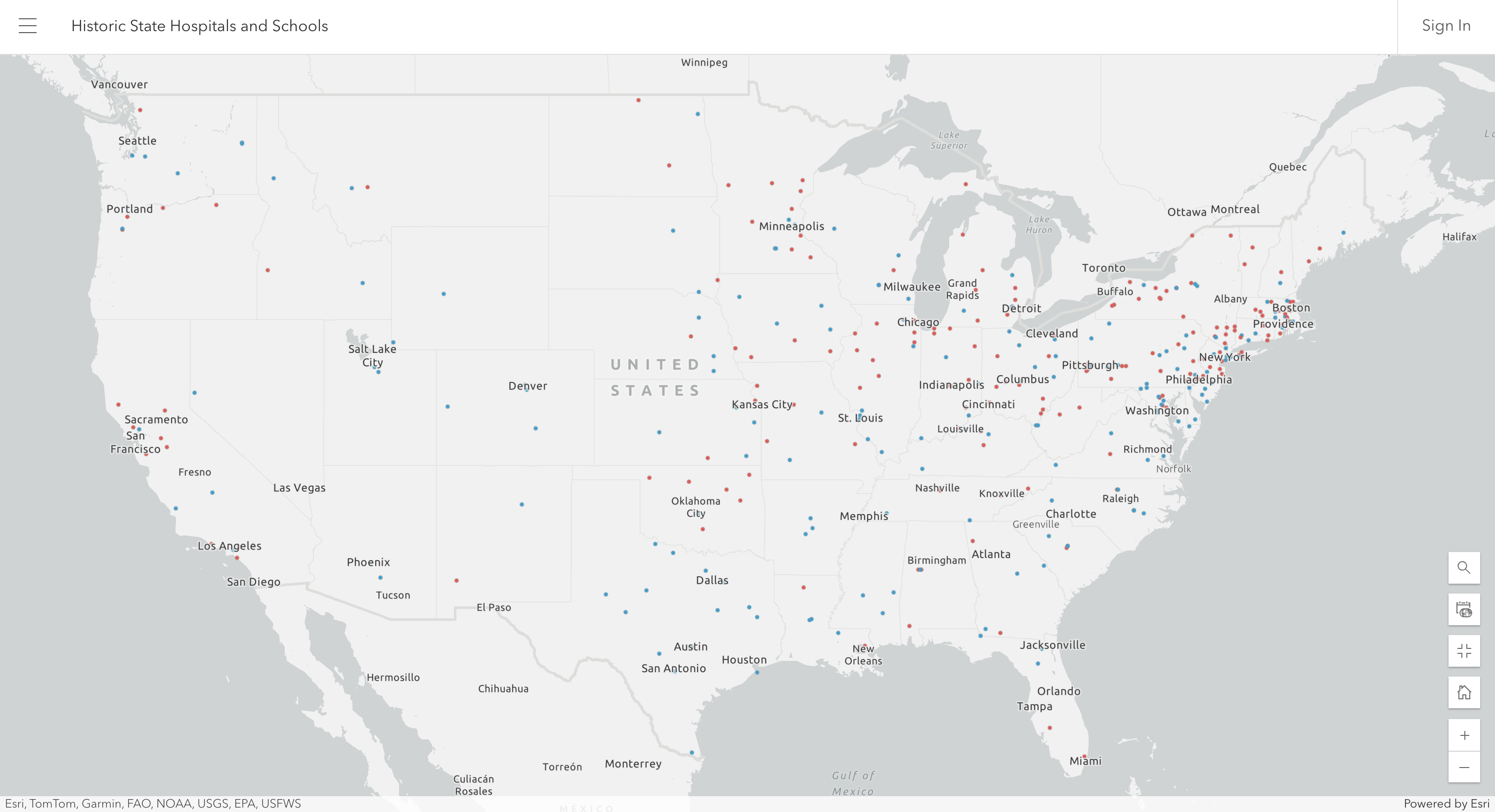 A grayscale map of the continental U.S., with dots indicating the locations of historic state hospitals and schools.